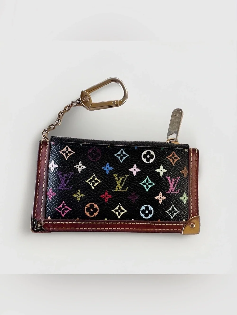 Louis Vuitton Multicolor Monogram Zip Coin Wallet Key Pouch w/ Clip Black